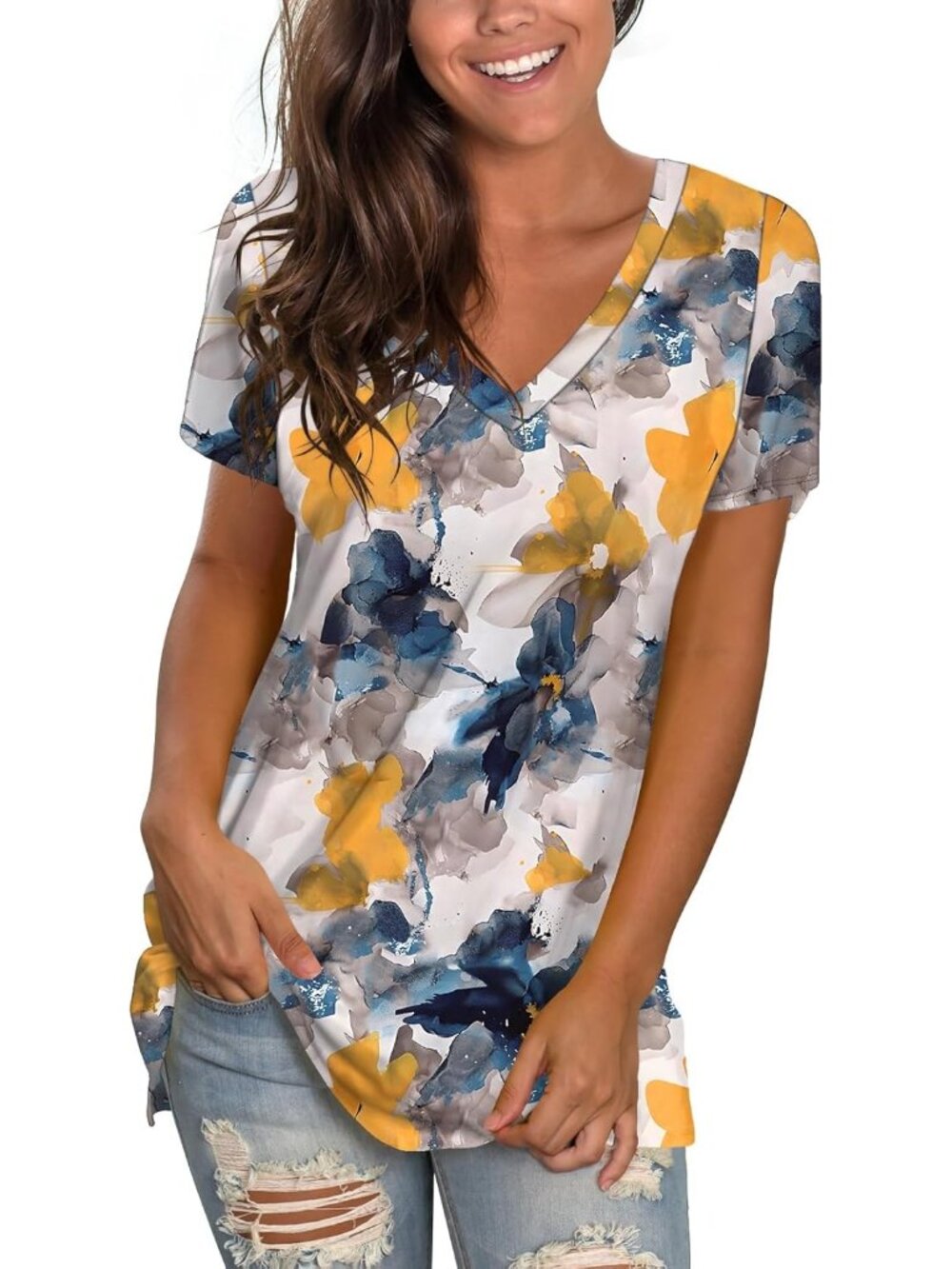 〽️Women Tie Dye Flower V Neck Tee Loose Fitting Casual Short Sleeve Tops T Shirt
